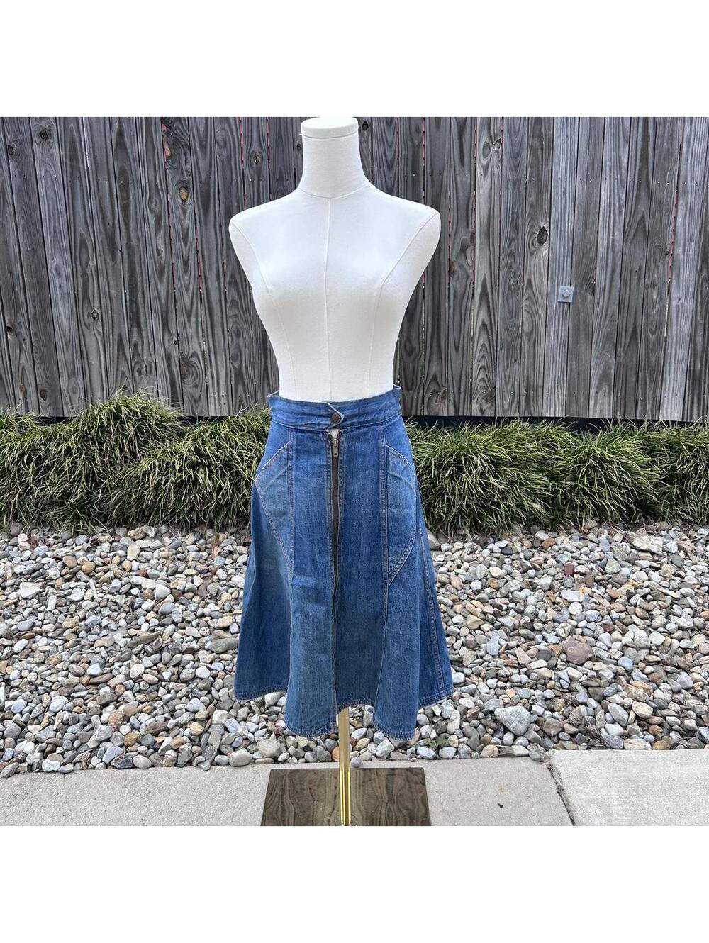 Vintage 60s Lady Seafarer blue denim midi skirt with zipper and button closure.